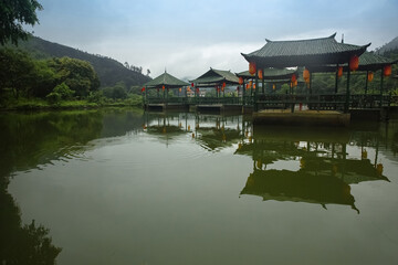 Lakes, villages and tourist scenery in mountainous areas of Zhejiang Province, China, on May 30,...