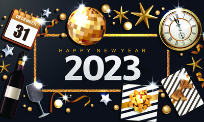 2023 Happy New Year's Eve Background, suitable for luxury party invitations. Layout with luxury numbers, clock, golden glitter, and confetti.