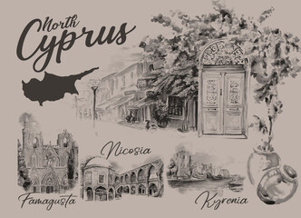 Set of Watercolor hand drawn art of landmarks. North Cyprus. Nicosia, Kyrenia, Famagusta.
