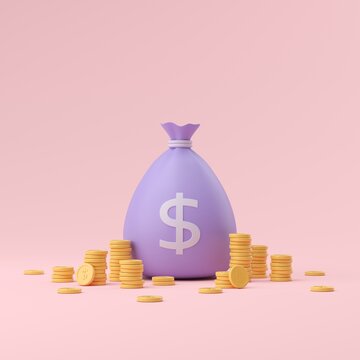 3d icon purple money bag and coins isolate on pink background, money saving, financial and business concept. 3d illustration