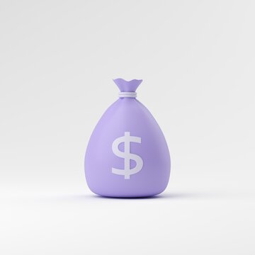 3d icon purple money bag isolate on white background, money saving, financial and business concept. 3d illustration