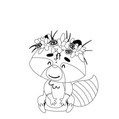 Raccoon sits with a wreath of flowers. Drawn in cartoon and black and white style. Vector illustration for designs, prints and patterns. Isolated on white background