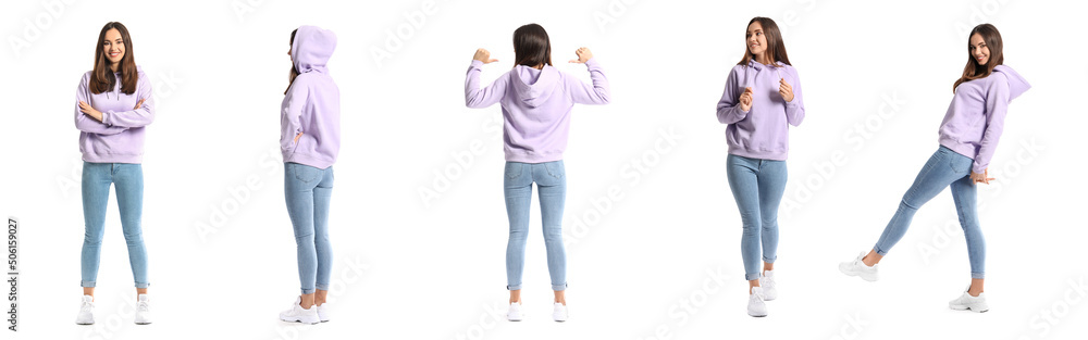 Wall mural Set of beautiful young woman in stylish hoodie isolated on white - Wall murals
