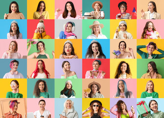 Fototapeta na wymiar Collage with many beautiful women on colorful background