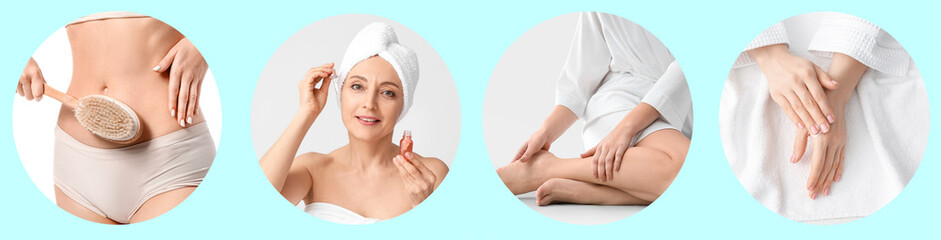 Collage with women taking care of their skin. Spa concept