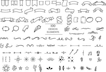 100 design element,Big collection of decorative 
elements: banners, arrows, leaves, flowers, flourishes
doodle,hand drawn,line art style.vector illustration