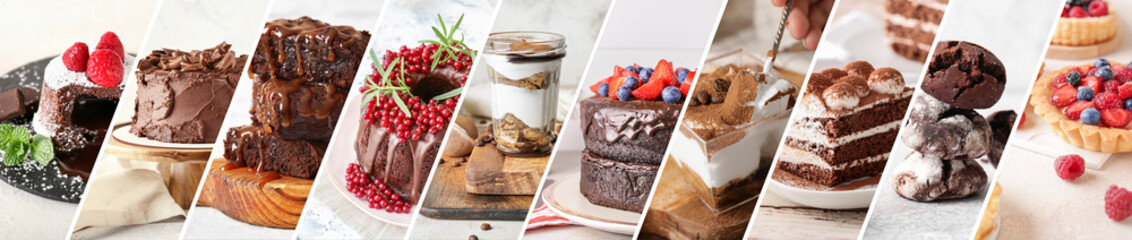 Set of delicious chocolate desserts, closeup - obrazy, fototapety, plakaty