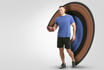 Poster with American football player on light background