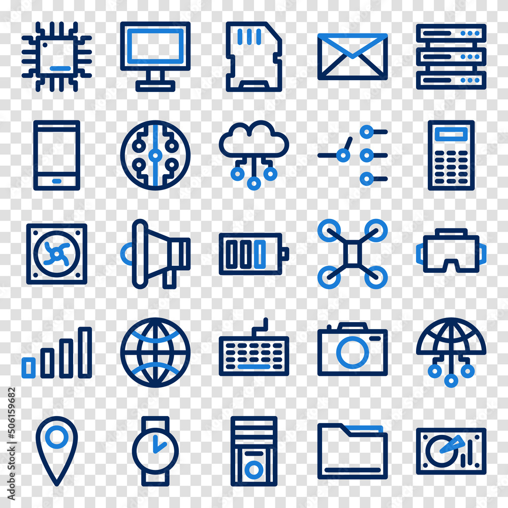 Poster set of 25 device and technology web icons in line style. industry 4.0 concept factory of the future.