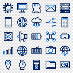 Set of 25 device and technology web icons in line style. Industry 4.0 concept factory of the future. Collection linear icons of technology. Vector illustration