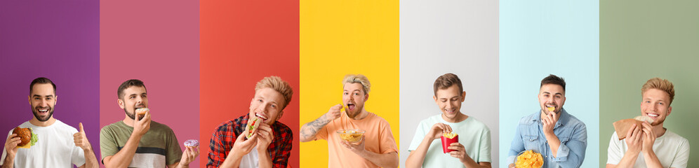 Set of handsome young men eating fast food on colorful background