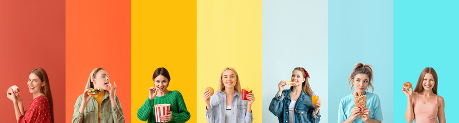 Set of beautiful young women eating fast food on colorful background