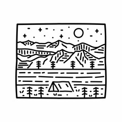 Camping near lake and mountains in mono line art, for t-shirt, sticker, badge, etc