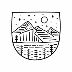 The Mountains wildlife nature in mono line art, for t-shirt, sticker, badge, etc