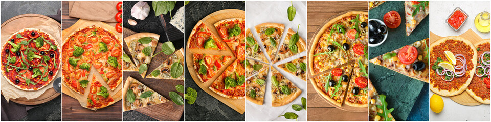 Collection of traditional pizzas, top view