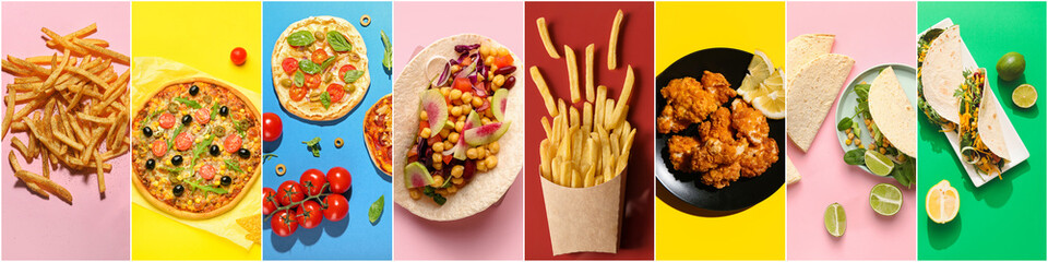 Set of traditional fast food on colorful background, top view