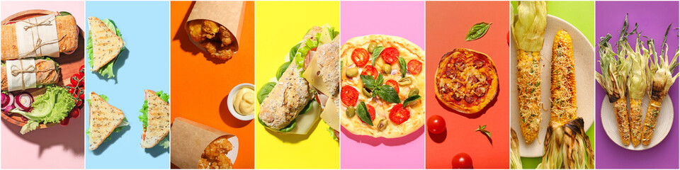 Set of traditional fast food on colorful background, top view