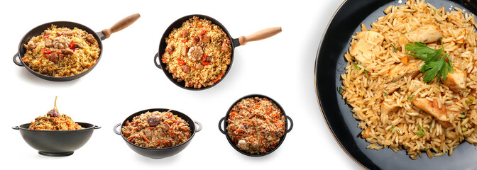 Set of frying pans with tasty pilaf on white background