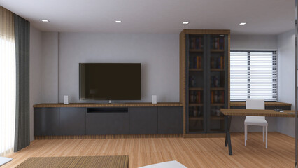 The living area of the house is a TV cabinet with a desk and a work chair. modern style decoration,3d rendering
