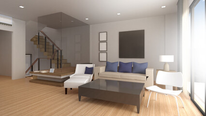 Naklejka na ściany i meble The living area of the house is a sofa and chairs. and stairs modern style decoration,3d rendering