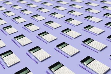 Many calculators and pens on lilac background. Pattern for design