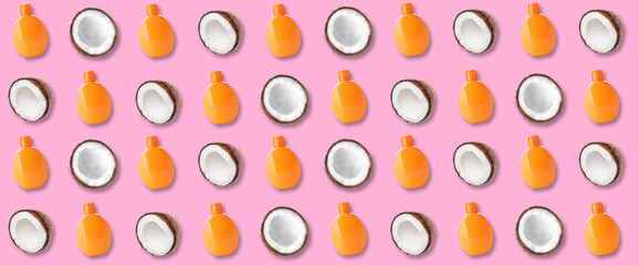 Obraz premium Bottles with cosmetic product and coconuts on pink background. Pattern for design