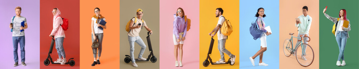 Set of many happy students on colorful background