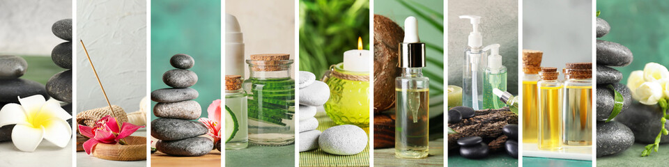 Collage with natural cosmetic products and spa supplies