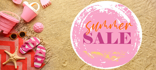 Fototapeta na wymiar Set of beach accessories and toys on sand. Banner for summer sale