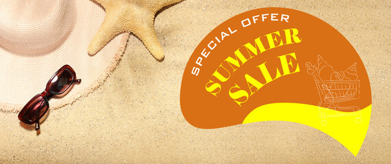 Set of beach accessories on sand. Banner for summer sale