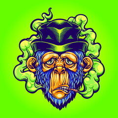 Cute monkey in black hat smoking weed vector illustrations for your work logo, merchandise t-shirt, stickers and label designs, poster, greeting cards advertising business company or brands - obrazy, fototapety, plakaty