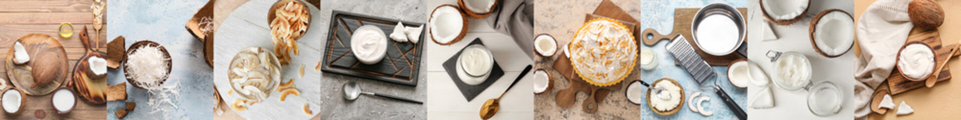 Set of different coconut products, top view