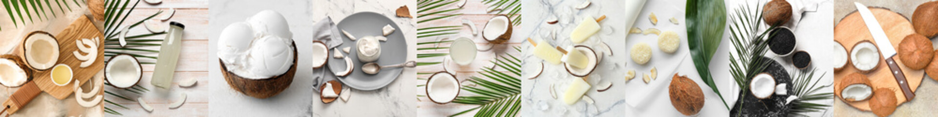 Set of different coconut products on light background