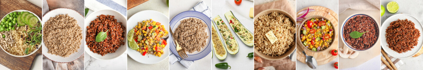 Set of tasty dishes with healthy quinoa, top view
