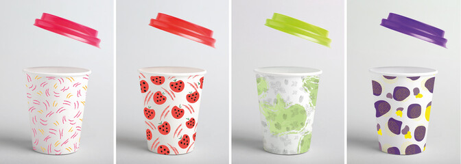 Set of creative paper cups on light background