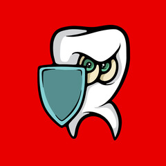 Tooth character holding shield cartoon vector illustration