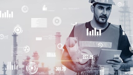 Future factory plant and inventive energy industry concept in creative graphic design. Oil, gas and...