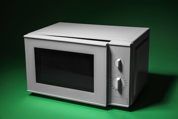 Obraz premium White microwave oven with opened door on green background