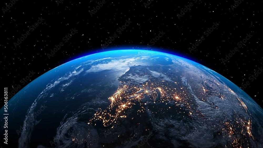 Poster planet earth with realistic geography surface and orbital 3d cloud atmosphere . outer space view of 