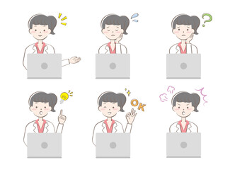 白衣姿の女性とパソコン 　表情　セット　バリエーション