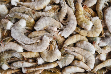 Raw frozen shrimps in a shell without head. Seafood background.