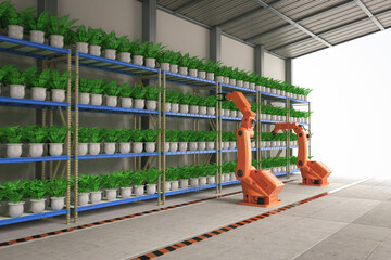 Agriculture technology concept with robotic arms in  greenhouse