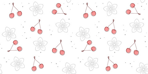 Outline pink cherry on a white background with grey flowers. Floral endless texture with abstract berry. Vector seamless pattern for cover, wrapping paper, packaging, surface texture, bed linen, print