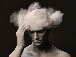 Brain fog. A male figure with his right hand on her temple and a pained expression on his face. 3d illustration.