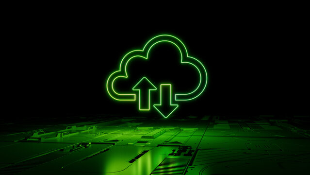 Green Data storage Technology Concept with cloud symbol as a neon light. Vibrant colored icon, on a black background with high tech floor. 3D Render