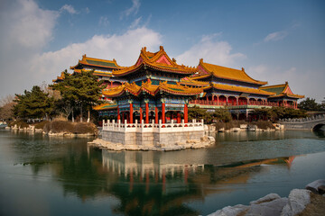 Taoist temple on the lake in Sanxian mountain scenic area, Penglai, Yantai, Shandong, China, copy...