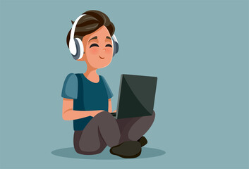 Boy Sitting and Typing on her Laptop Vector Cartoon Illustration