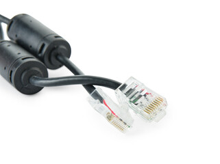 Modern internet cables isolated on white background, closeup