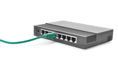 Modern wi-fi router and internet cable isolated on white background