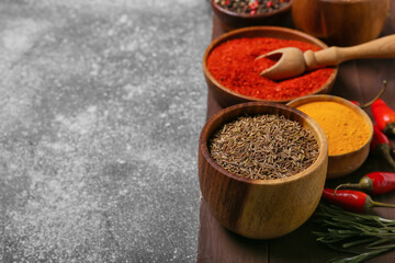 Set of aromatic spices on grey background, closeup